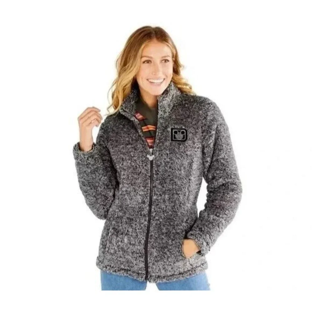 Disney World Fuzzy Fleece Jacket Full Zip Mickey Mouse Gray Size S Cardigan